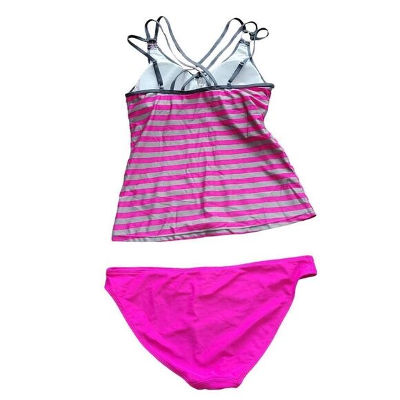 Tankini Bikini Pink Stripe Criss Cross Two Piece Bathing Swim Suit - Picture 3 of 9